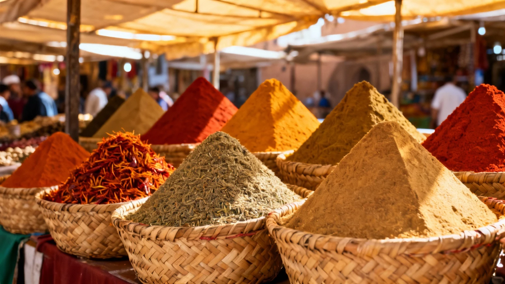 Étalage coloré d'épices en vrac dans un souk de Marrakech au Maroc