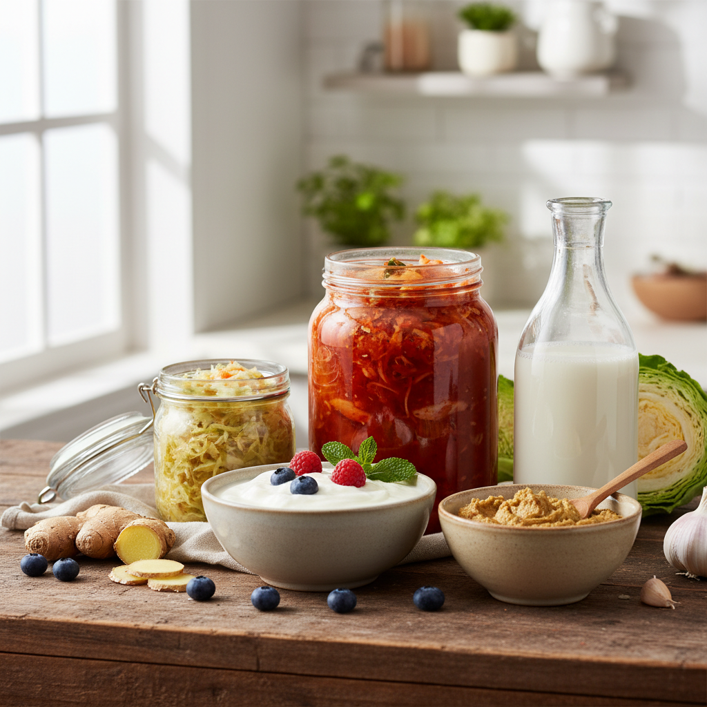 Bocaux de légumes lacto-fermentés colorés — choucroute, kimchi, carottes — alignés sur un plan de travail en bois
