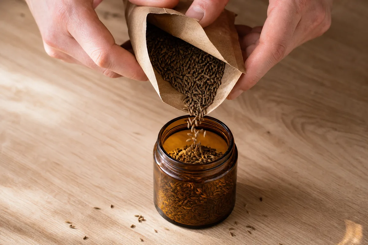 Main versant des graines de cumin entières dans un petit bocal en verre ambré sur un plan de travail en bois