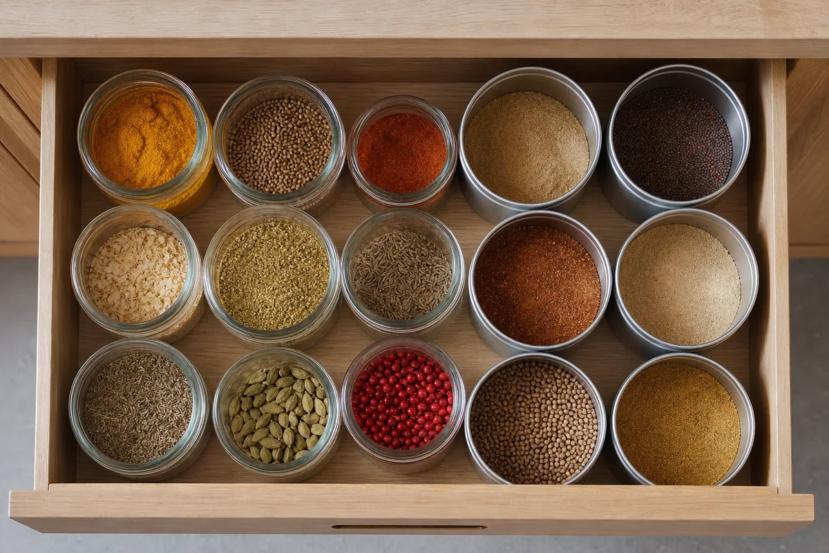 Bocaux et boîtes métalliques d’épices alignés dans un tiroir de cuisine fermé, vue de dessus, lumière douce