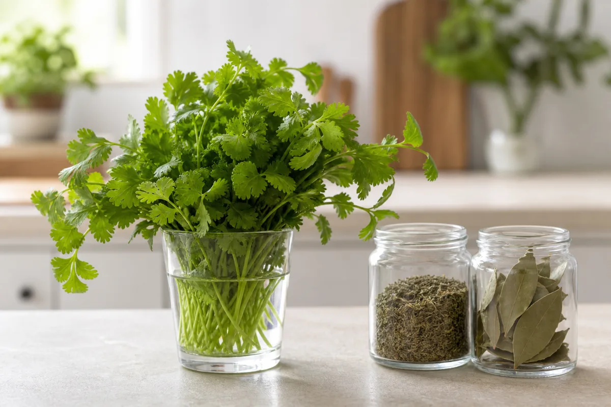 Bouquet de coriandre fraîche debout dans un verre d’eau à côté de bocaux d’herbes séchées, cuisine lumineuse
