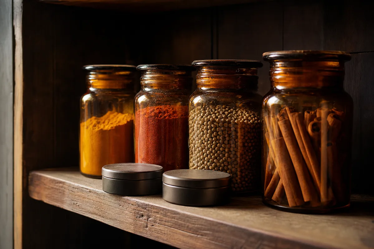 Bocaux en verre teinté remplis d'épices entières et moulues rangés dans un placard de cuisine sombre