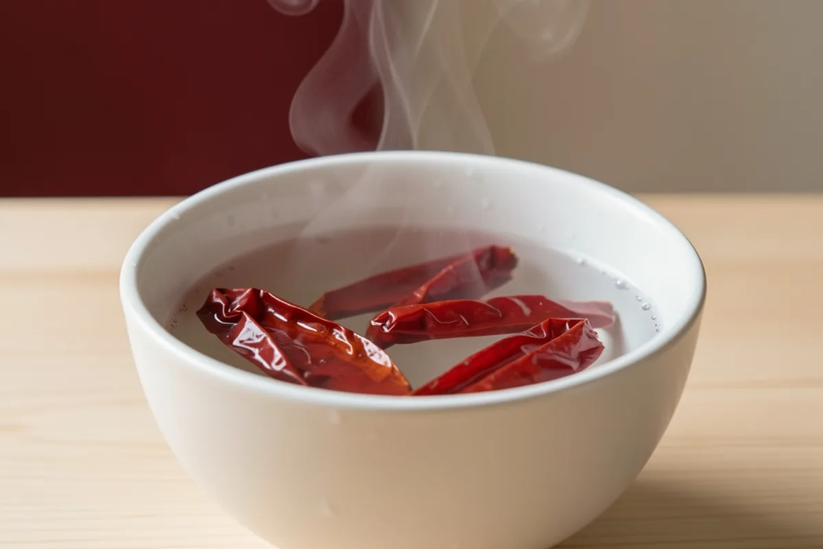 Piments rouges séchés qui trempent dans un bol d&rsquo;eau chaude, gros plan sur la vapeur légère