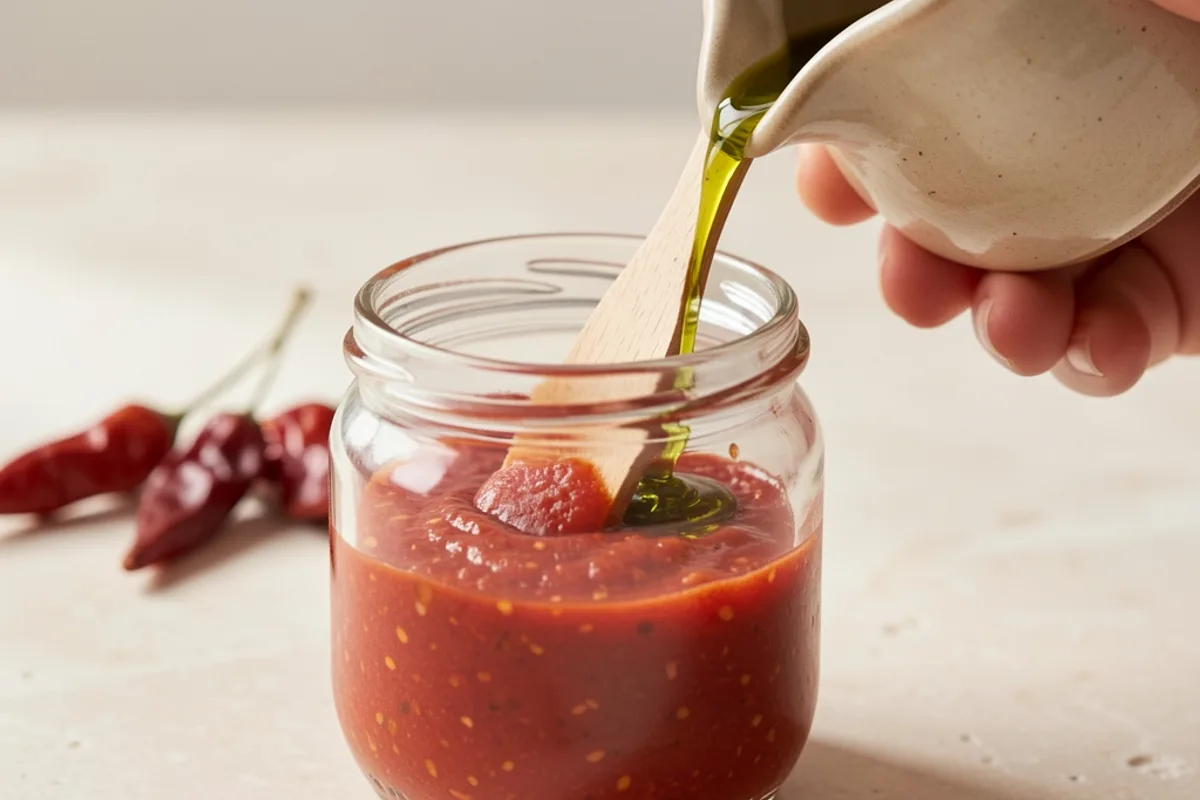 Pâte de harissa lisse étalée à la spatule dans un petit bocal, filet d&rsquo;huile d&rsquo;olive versé dessus