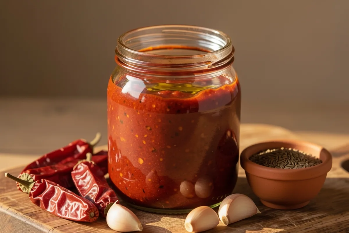 Bocal en verre ouvert de harissa rouge sombre nappée d'huile d'olive, piments séchés et gousses d'ail autour sur un plateau en bois