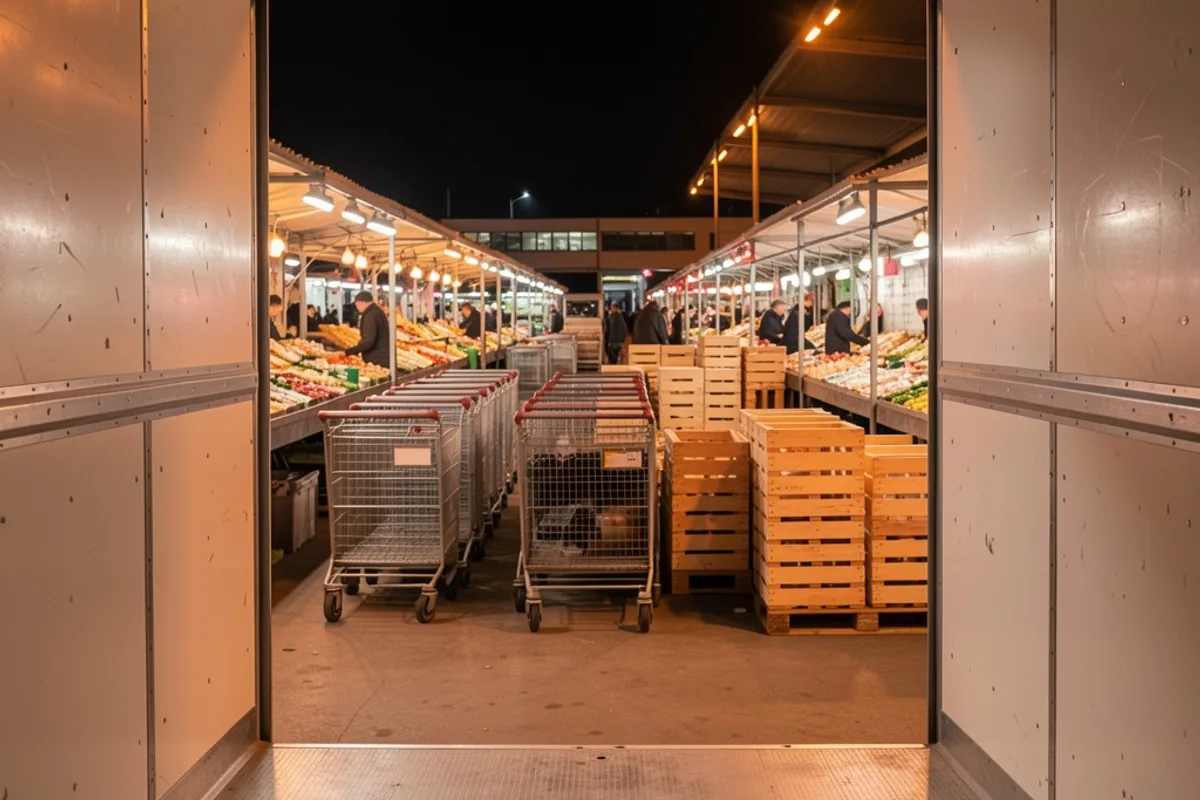 Rolls grillagés et palettes chargés de cagettes sur un quai de déchargement la nuit