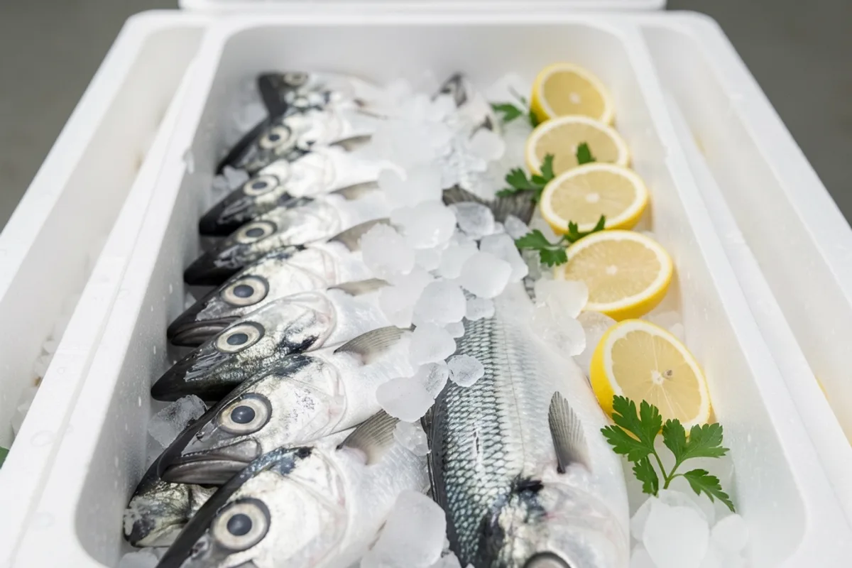 Caisses de poissons entiers posés sur de la glace pilée sous une lumière blanche