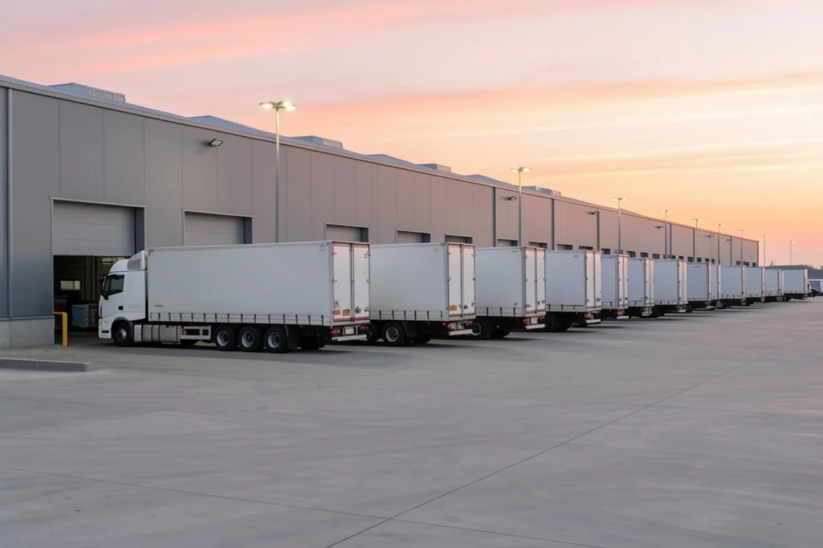 Grands hangars de marché vus de l’extérieur à l’aube avec des camions frigorifiques alignés
