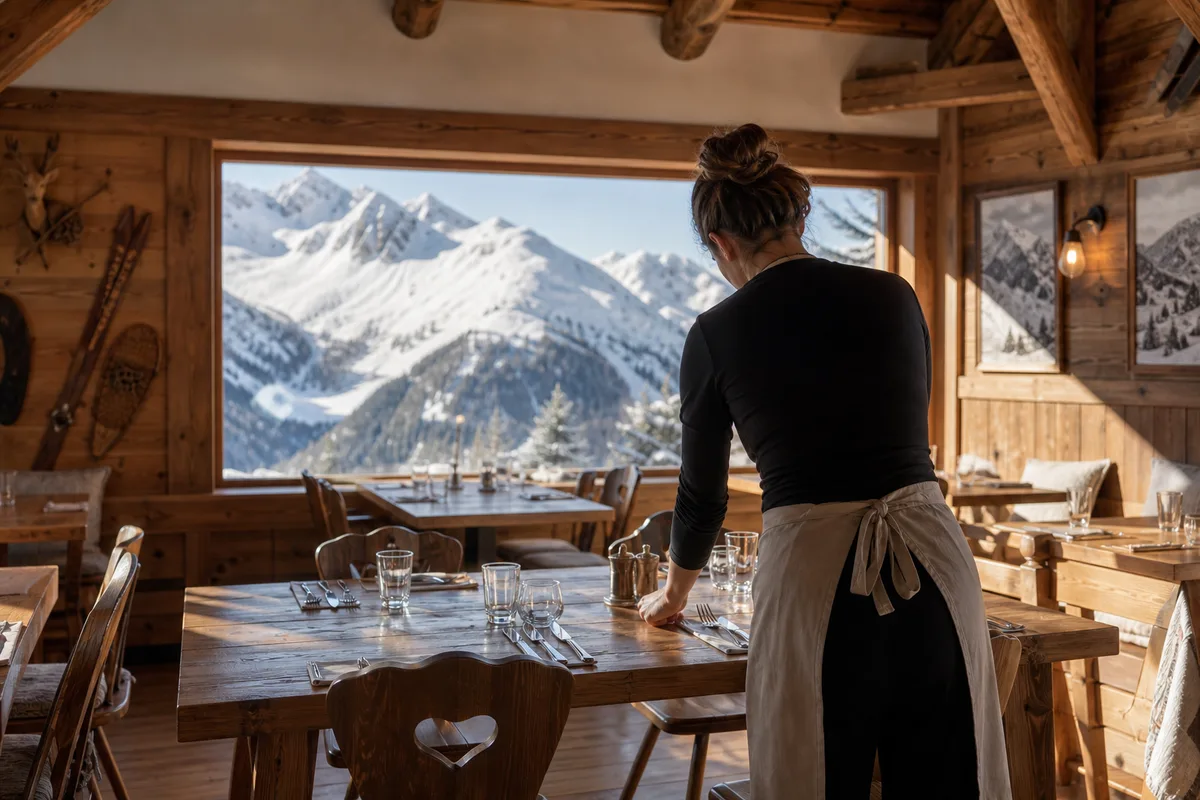 Serveur qui dresse une table dans une brasserie savoyarde avant le service
