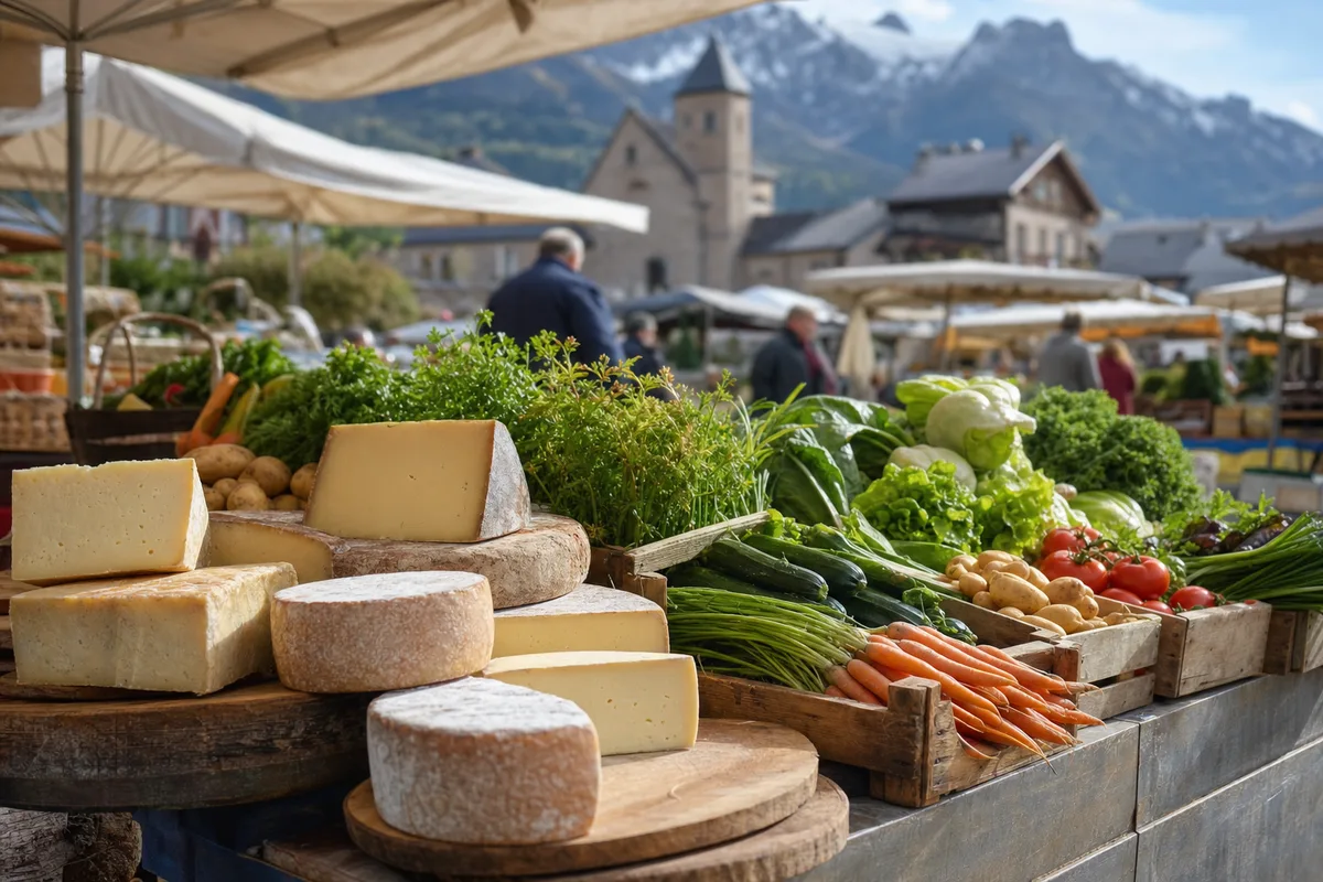 Marché de producteurs locaux avec étals de fromages et légumes de Haute-Savoie