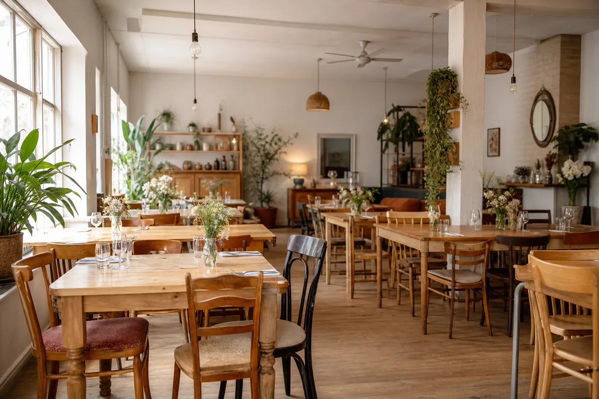 Salle de restaurant chaleureuse avec mobilier professionnel mixte, chaises et tables en bois clair