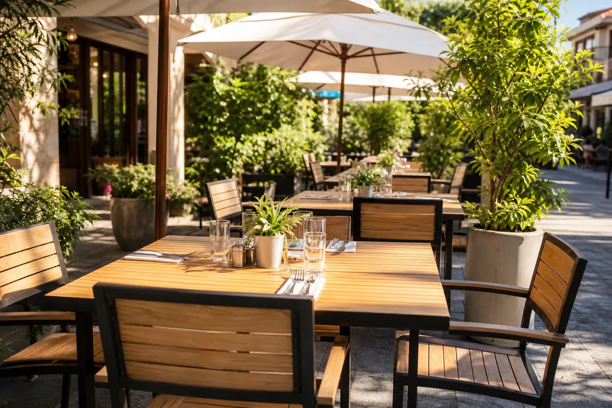Terrasse de restaurant équipée de mobilier professionnel en aluminium et bois clair