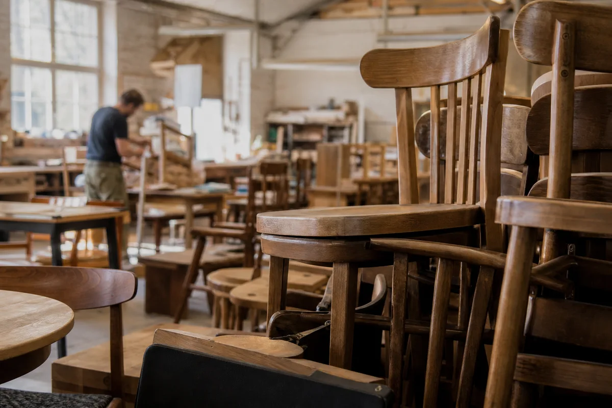 Atelier de reconditionnement de mobilier professionnel avec chaises empilées et artisan au travail