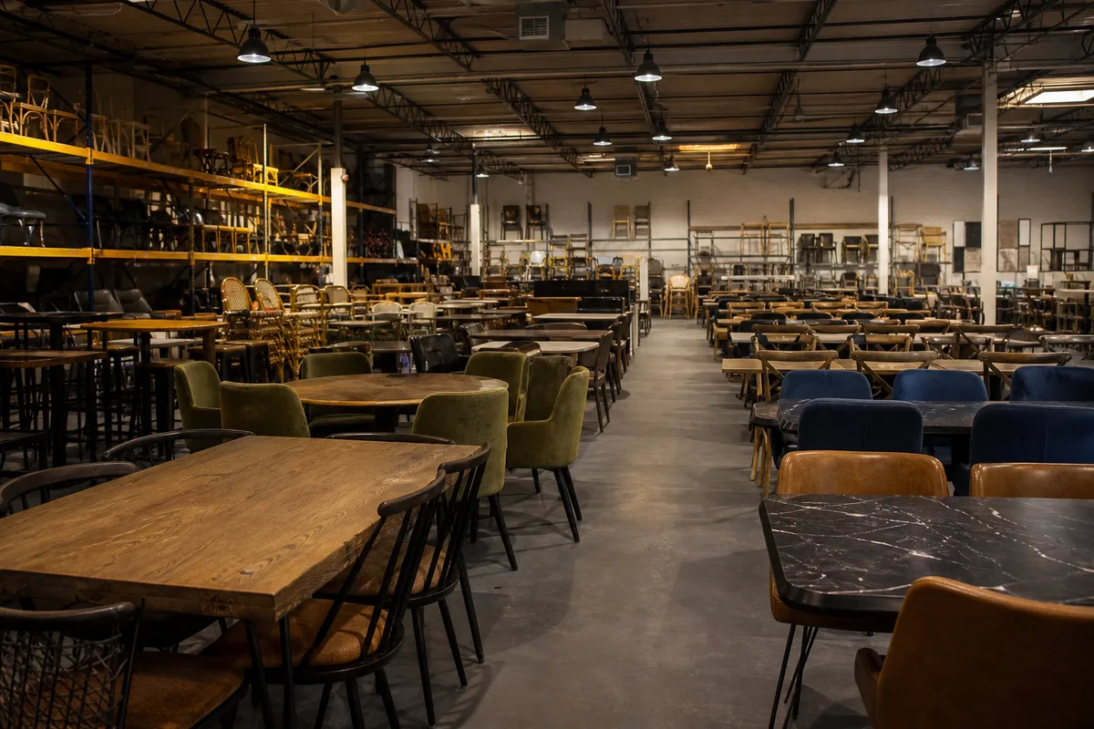 Dépôt-vente de mobilier professionnel CHR avec tables et chaises alignées par lots
