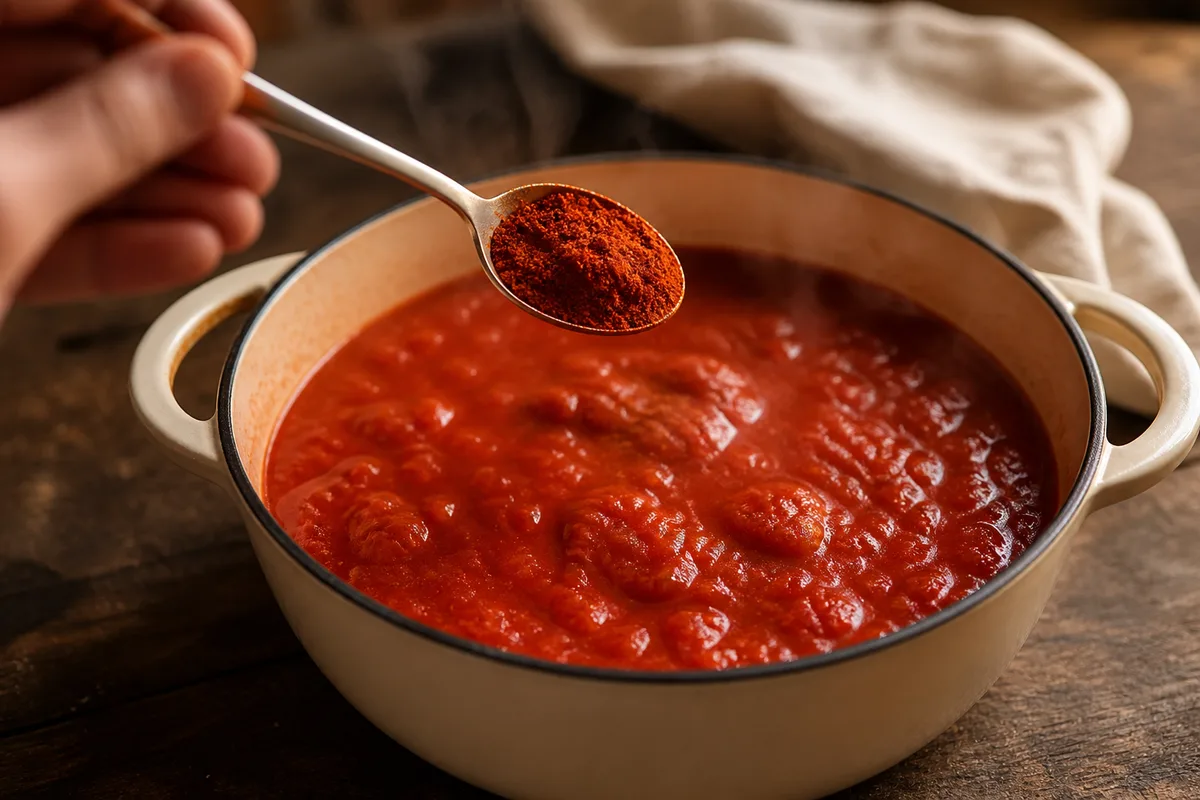 Cuillère de poudre de piment de Cayenne rouge vif au-dessus d&rsquo;une casserole de sauce tomate mijotée, cuisine chaleureuse