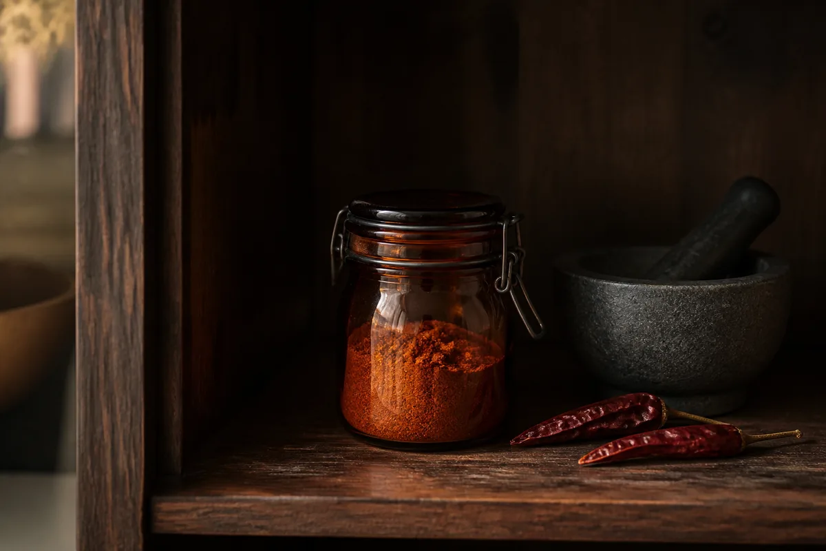 Bocal en verre teinté de poudre de piment de Cayenne fermé, posé près d&rsquo;un mortier, dans un placard de cuisine sombre
