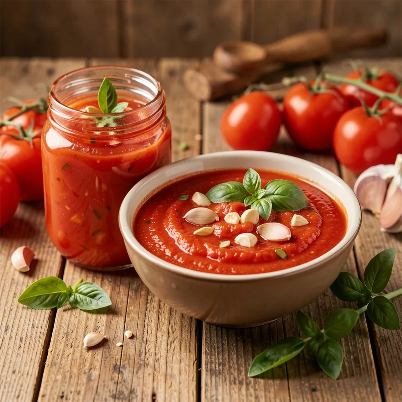 Casserole de sauce tomate maison qui mijote avec basilic frais, ail et tomates fraîches sur le plan de travail