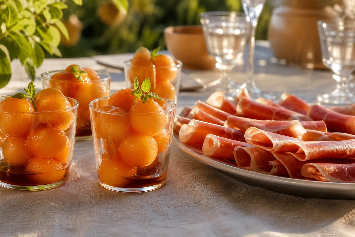 Verrines de billes de melon arrosées de porto avec des lamelles de jambon cru disposées à côté