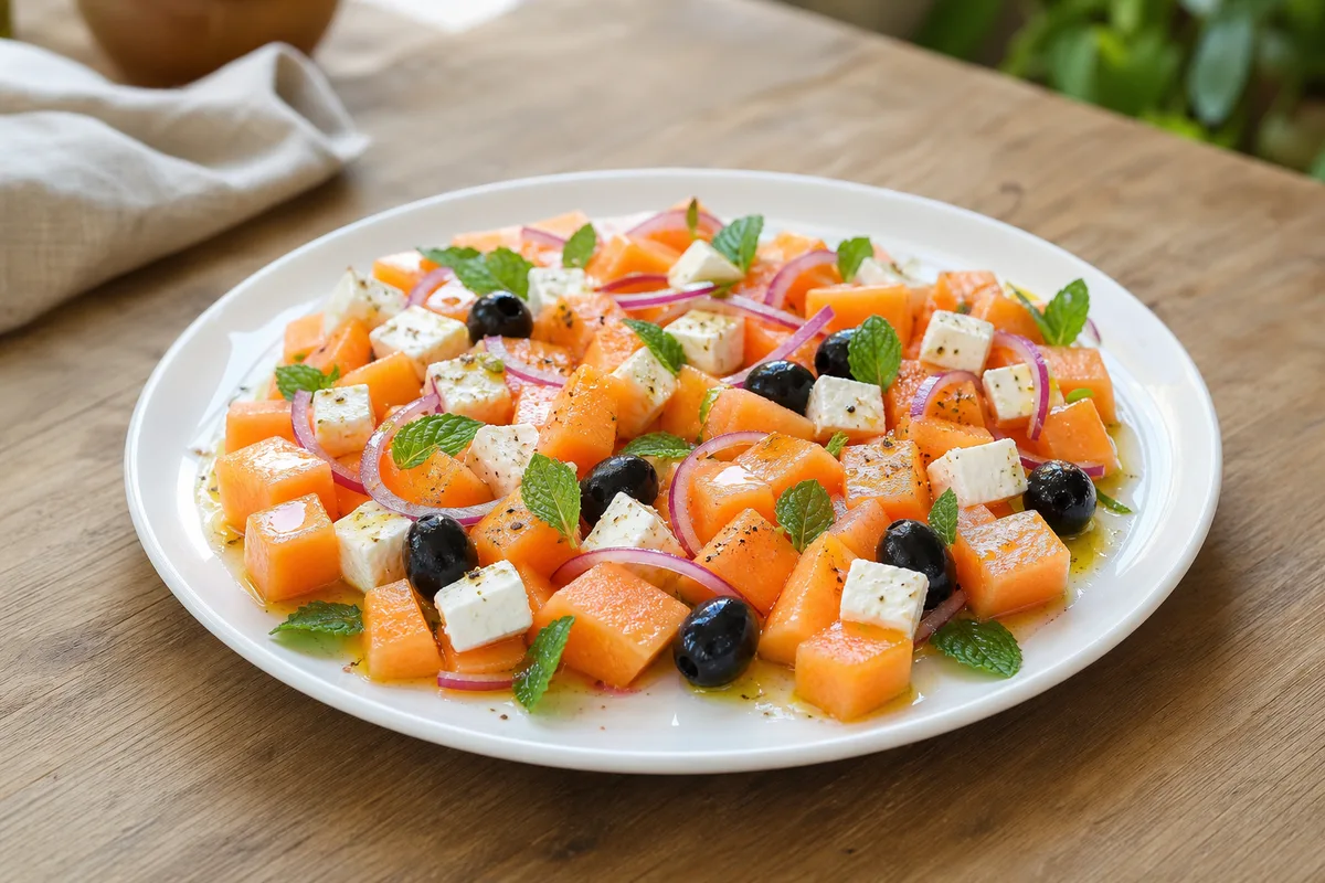 Tartare de melon avec dés de feta, olives noires et oignon rouge dressé dans une assiette blanche