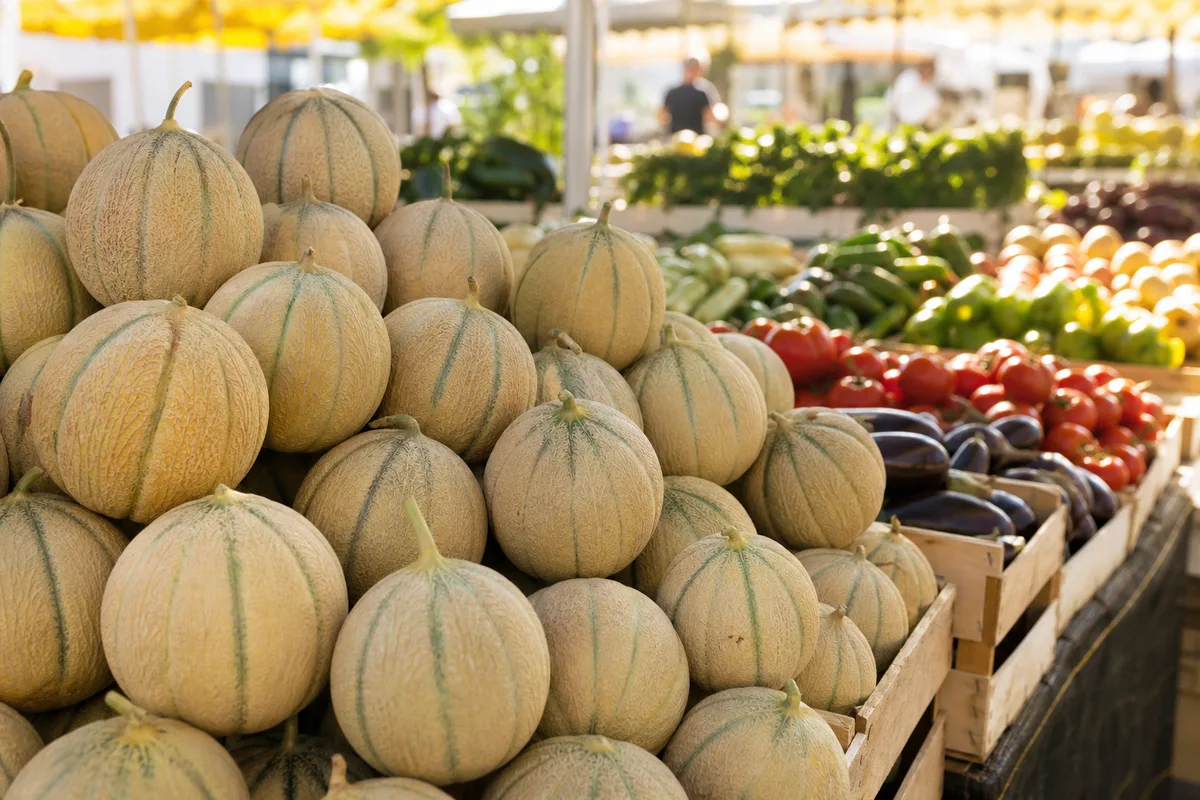 Billes de melon charentais nappées de vinaigrette miel-moutarde et menthe fraîche dans une assiette blanche