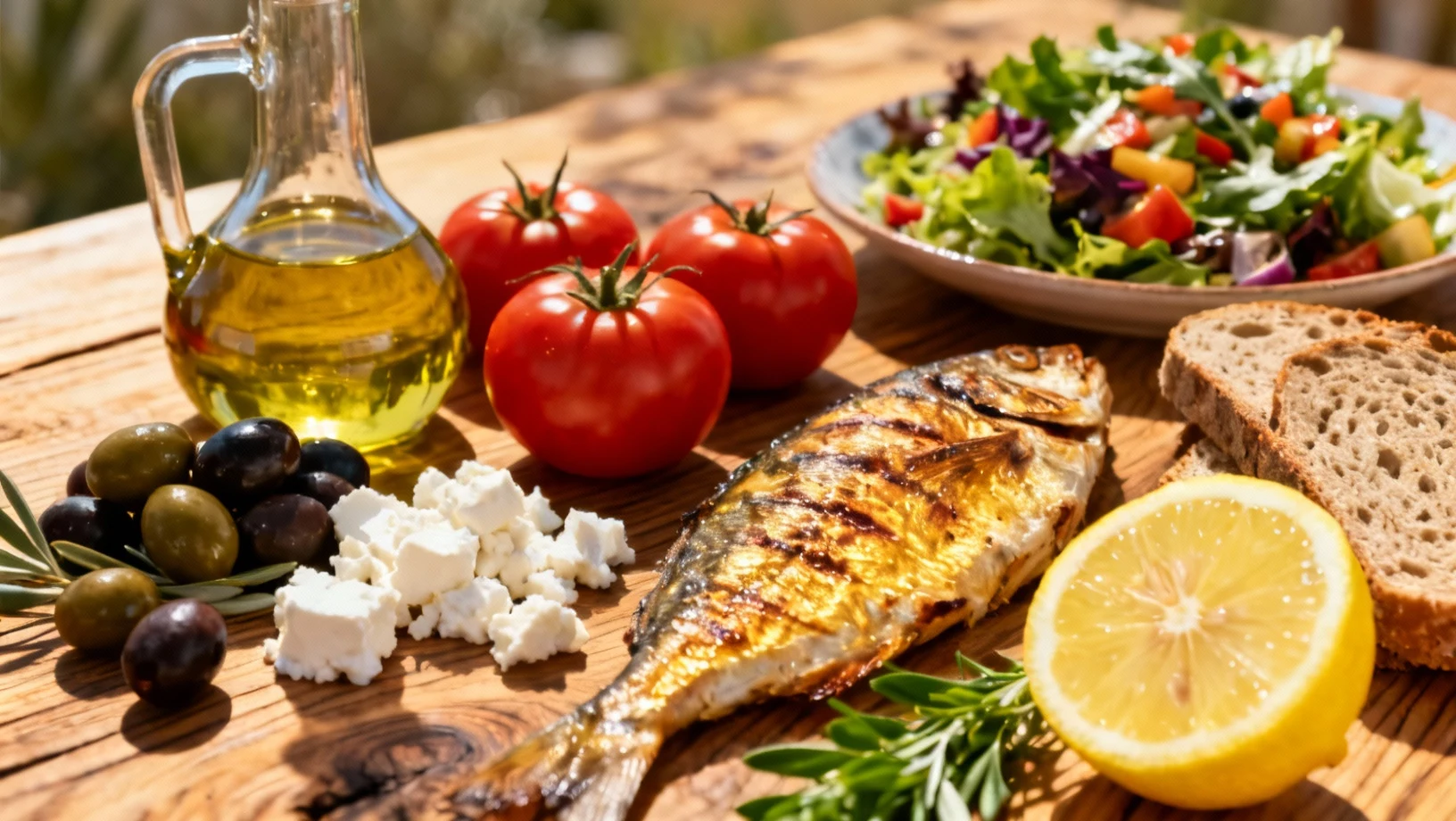 Table méditerranéenne garnie d'huile d'olive, légumes frais, poisson grillé et pain complet